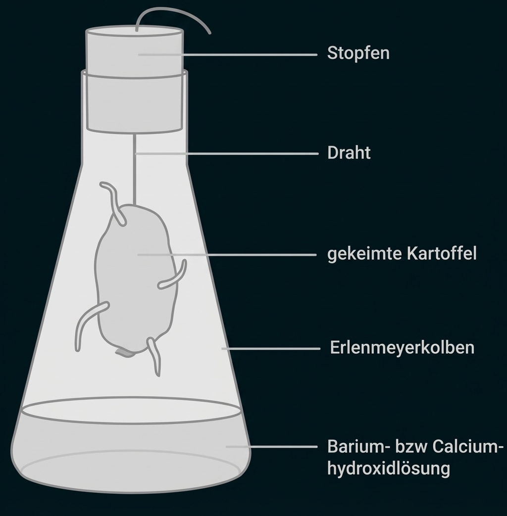 Erlenmeyerkolben mit Hydroxidlösung, darin aufgehängte gekeimte Kartoffel an Draht und Stopfen
